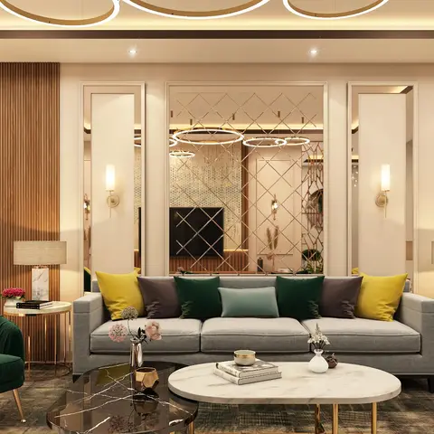 Living room with a grey sofa styled in emerald, mustard and mauve velvet cushions