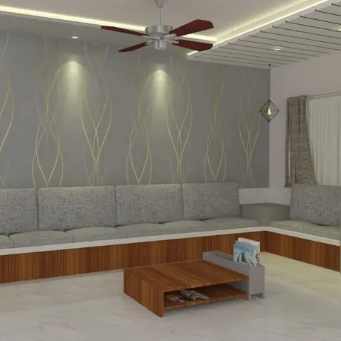 Living room with a grey wavy-line wallpaper wall, an L-shaped grey sofa on a wood base, a wood coffee table, and a slatted wood ceiling detail.