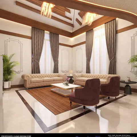 Living room with a high vaulted wood-beam ceiling, cream tufted chesterfield sofas and burgundy velvet accent chairs around a marble coffee table on a