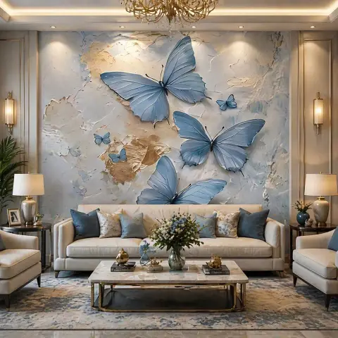 Living room with a large 3D-textured blue butterfly mural above a cream sofa set, a gold chandelier, a marble-and-brass coffee table