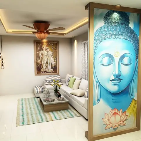 Living room with a large blue Buddha wall-art panel as a partition beside a white sofa and cluster pendant lights over the console.