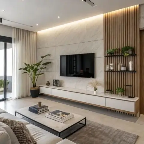 Living room with a large-format marble slab TV feature wall, a floating white TV console, and a backlit wood-slat shelving display beside sliding balcony doors.