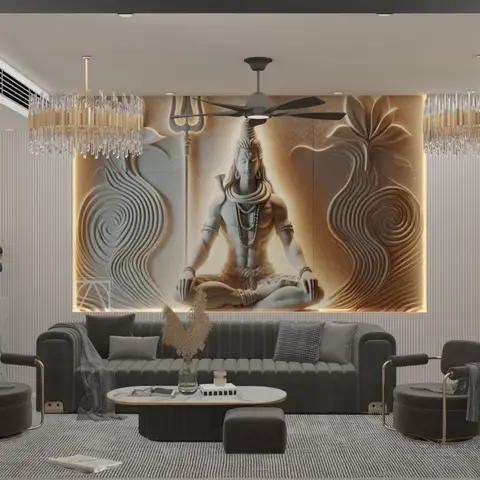 Living room with a large sculptural Shiva relief feature wall flanked by crystal chandeliers, a green velvet sofa, and a marble coffee table.