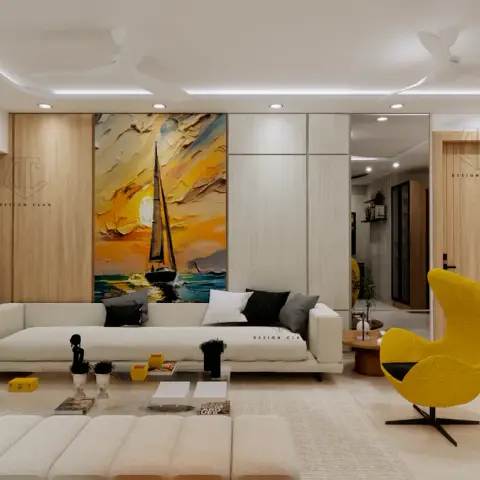 Living room with a large sunset sailboat canvas set into oak-and-white panelling, a white L-shaped sofa with a low bench-style coffee table