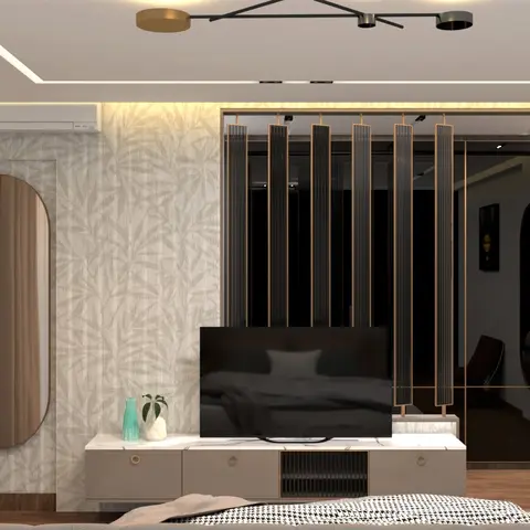 Living room with a leaf-print wallpaper wall, a marble-top TV console flanked by a black-and-brass fluted screen partition, and cove ceiling lighting.