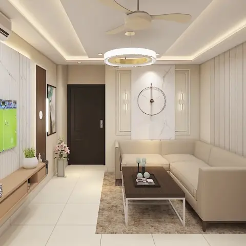 Living room with a marble accent wall panel framing a round wall clock, fluted wood panelling on the side wall