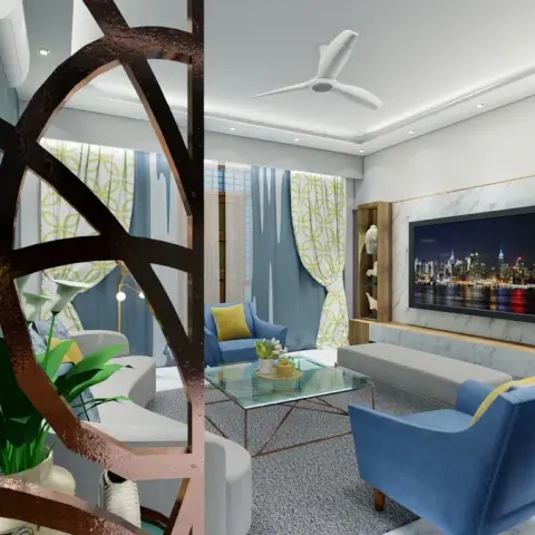 Living room with a marble-clad TV feature wall bordered by vertical wood-fluted panelling, cove-lit ceiling