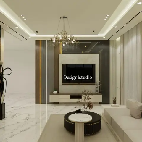Living room with a marble-clad TV feature wall, fluted wood side panel, a gold branch chandelier