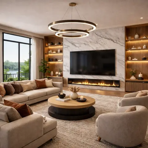 Living room with a marble-clad media wall, built-in linear fireplace below the TV, twin ring pendants and a round wood coffee table facing a lake view.