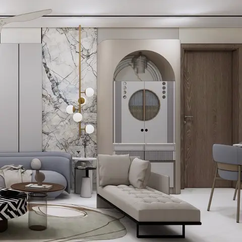 Living room with a marble slab feature wall, an arched art-deco-style cabinet, a dusty-blue curved sofa, and a tufted bench beside a geometric-pattern area rug.