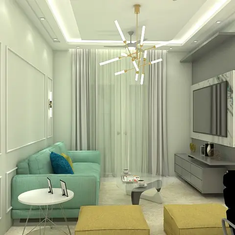 Living room with a mint sofa and mustard poufs under a sculptural gold sputnik chandelier, panel-moulded walls with sconces, and a marble-clad TV wall.