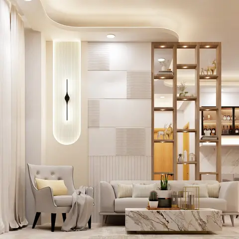 Living room with a mixed-texture panelled feature wall, a wood cubby partition displaying curios and a bar beyond
