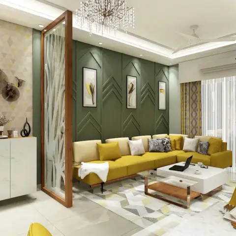 Living room with a mustard-yellow L-shaped sofa against a chevron-patterned olive green wall panel, a crystal chandelier