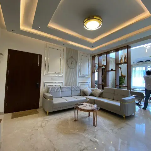 Living room with a pyramid-shaped gold-cove POP ceiling, moulded wall panelling flanking the main door, a wood-and-glass display partition