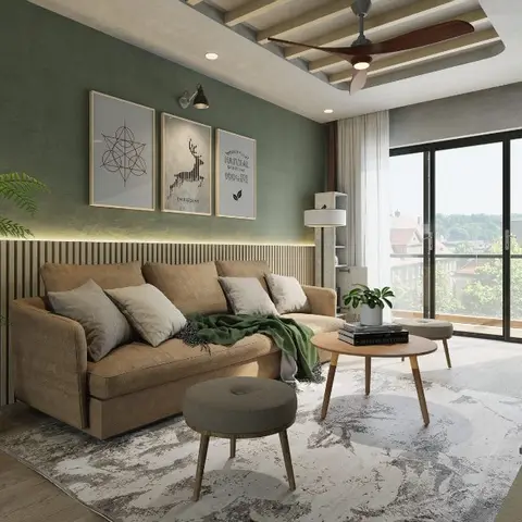 Living room with a sage-green textured wall, vertical wood slat panelling, a mustard sofa and a round wood coffee table on a marbled rug.