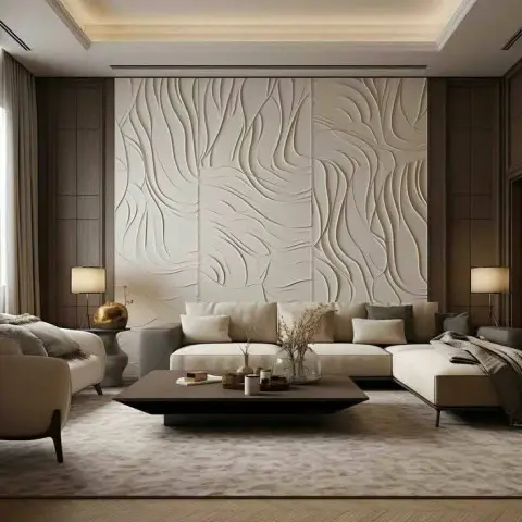 Living room with a sculpted 3D wave-textured feature wall panel behind a beige sectional sofa, flanked by twin gold table lamps and a low dark coffee table.