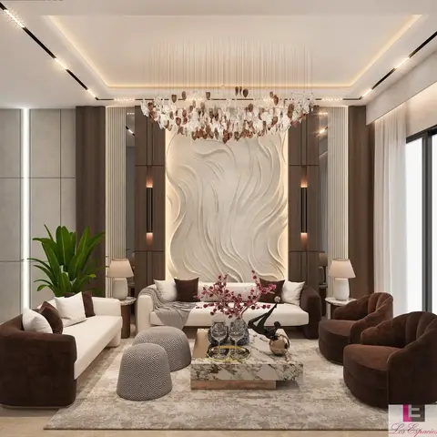 Living room with a sculpted wavy 3D wall-art panel flanked by fluted wood pilasters, a cascading crystal-and-wood-bead chandelier