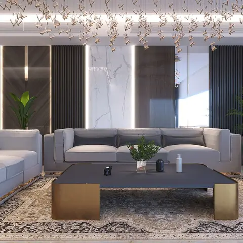 Living room with a sculptural gold branch chandelier, a marble and wood-strip feature wall with edge lighting