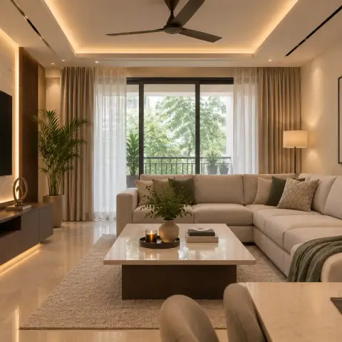 Living room with a stone-clad backlit TV wall, a large beige sectional sofa with olive accent cushions around a square stone-top coffee table