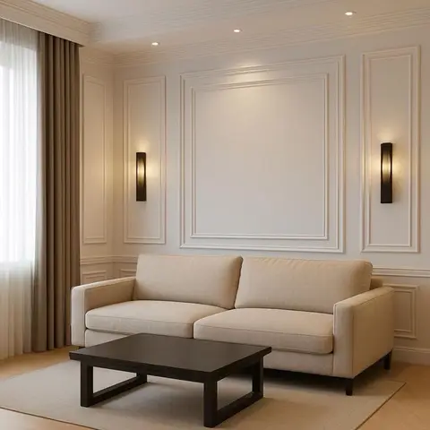 Living room with a symmetrical raised-panel wall flanked by cylindrical wall sconces, a beige three-seater sofa, and a dark wood block-leg coffee table.