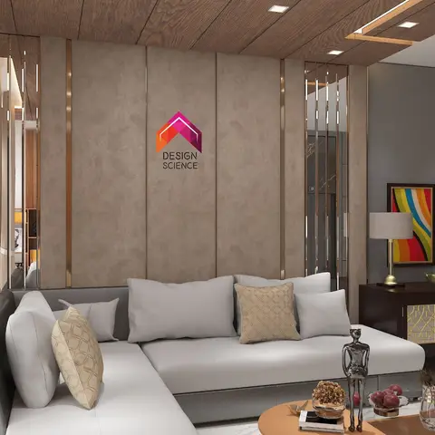 Living room with a taupe channel-upholstered wall bordered by mirror strips, a wood-plank cove-lit ceiling