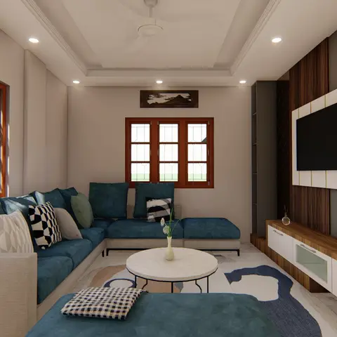 Living room with a teal L-shaped sectional sofa facing a white-and-gold striped TV panel unit flanked by fluted wood panelling