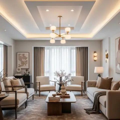 Living room with a tiered cove-lit false ceiling, a brass sputnik chandelier, a cream sofa and wood-frame armchairs around a dark wood coffee table on a