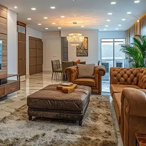 Living room with a tufted brown leather Chesterfield sofa and ottoman on a shaggy rug, facing a textured wood-panel TV wall, with a dining area visible beyond