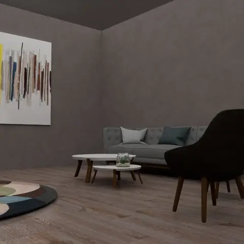 Living room with a tufted grey sofa and two dark barrel armchairs around nested white oval coffee tables, a round abstract-pattern rug