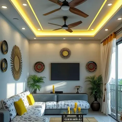 Living room with a two-tier cove-lit false ceiling, twin wood-blade ceiling fans, a brass sunburst mirror and decorative plates above a grey floral sectional