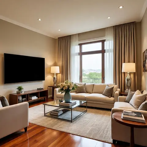 Living room with a U-shaped beige sofa set facing a wall-mounted TV, floor-length taupe drapes framing a large window