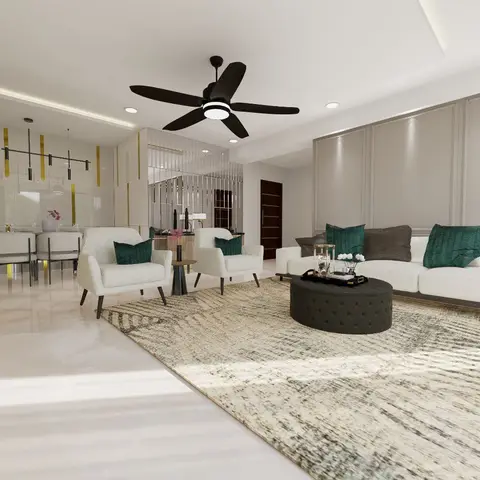 Living room with a wall-moulded grey feature wall behind a white sofa and armchairs with emerald cushions