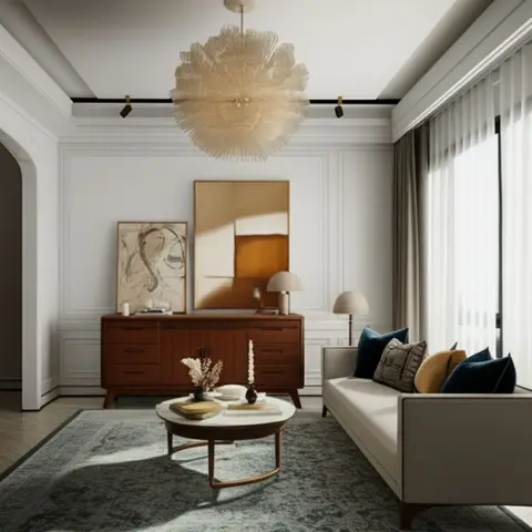 Living room with a walnut mid-century sideboard and abstract art beneath a statement raffia sunburst pendant