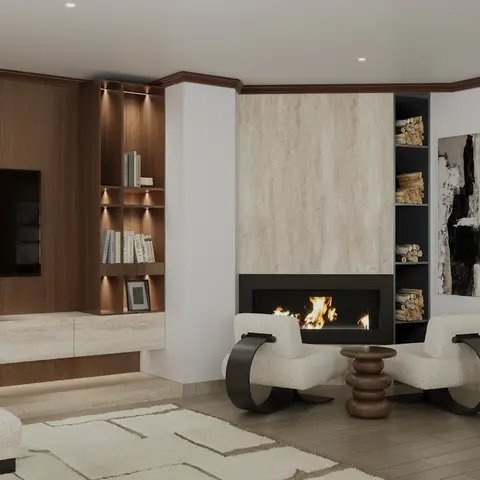 Living room with a walnut-panelled TV wall and lit bookshelf, a travertine-clad fireplace surround with open log storage
