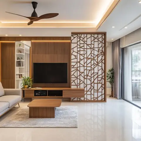 Living room with a walnut-veneer TV console, a geometric wood jaali room divider, and cove-lit ceiling detailing.