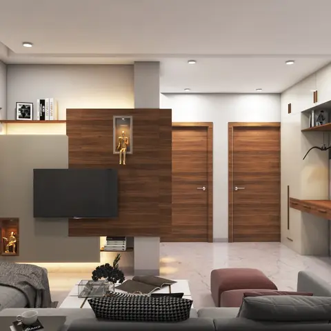 Living room with a walnut-veneer TV feature wall holding lit display niches, matching walnut double doors leading to bedrooms beyond