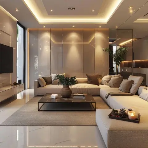 Living room with a warm-lit glossy panelled feature wall behind an L-shaped beige sectional sofa, a dark metal-and-stone coffee table