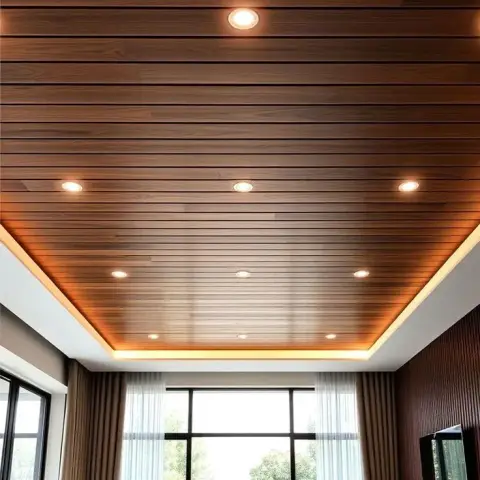 Living room with a warm wood-plank ceiling and cove lighting, floor-to-ceiling glazed doors with sheer curtains, and a dark fluted panelling wall behind the TV.