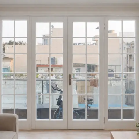 Living room with a wide multi-pane white French glass door wall opening to a balcony, crown moulding and a wood console with a table lamp