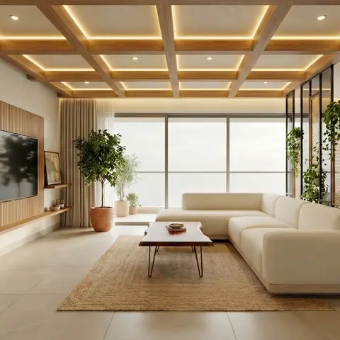 Living room with a wood-beam coffered cove-lit ceiling, a fluted-panel TV wall, a cream sectional on a jute rug