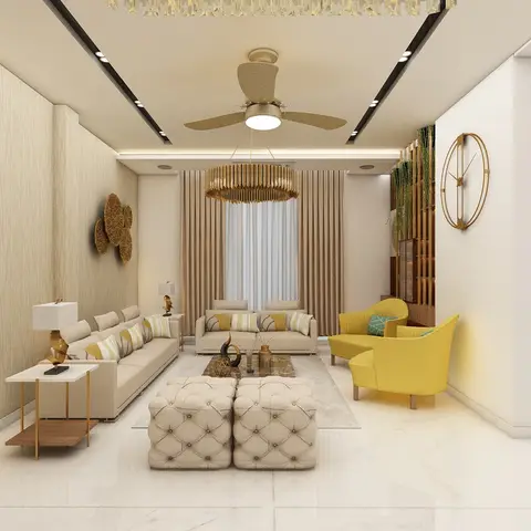 Living room with a wood-grain textured accent wall, a gold drum-style pendant light over tufted button-top ottomans, mustard-yellow accent armchairs