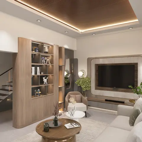 Living room with a wood veneer TV feature wall bordered in stone, a floating wooden display shelf partition beside a staircase, a glass curio cabinet