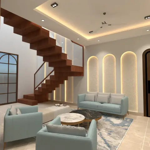 Living room with a wooden staircase beside three backlit arched wall niches and a mint-blue sofa set around a round marble coffee table