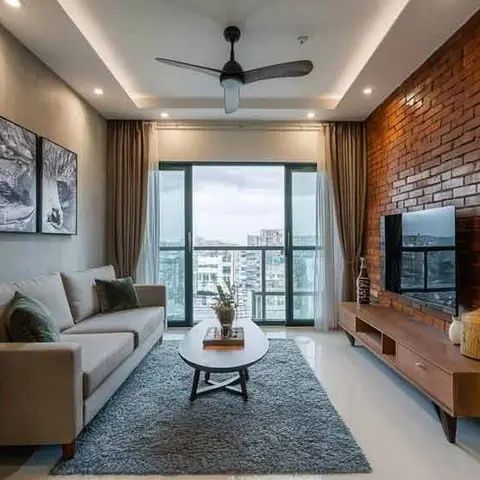 Living room with an exposed red-brick TV feature wall, a floating walnut TV console and a grey sofa facing a floor-to-ceiling balcony window.