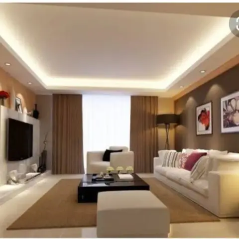 Living room with cove-lit stepped ceiling, a light stone TV wall on one side and a dark accent wall with framed botanical art on the other