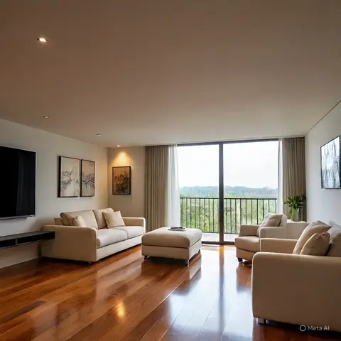 Living room with cream sofas around a matching ottoman, a floor-to-ceiling window opening to a balcony with hill views, and honey-toned wood flooring.