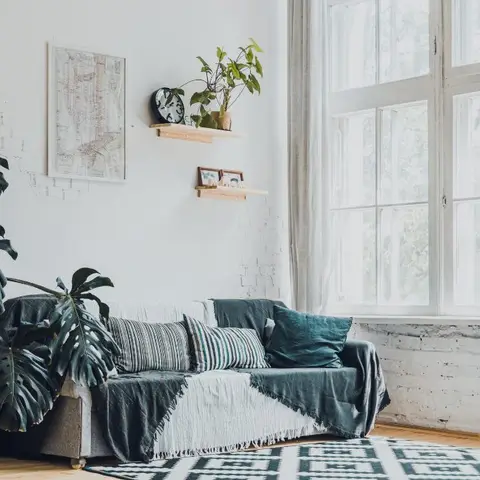 Living room with exposed white-painted brick walls, tall monstera plants beside a throw-draped sofa with teal and striped cushions