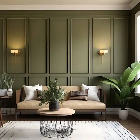 Living room with full-height olive-green raised wall panelling, brass wall sconces either side, a tan velvet sofa and a round wire-frame coffee table.