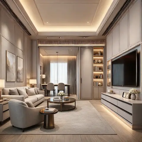 Living room with grey raised wall panelling, a cove-lit coffered ceiling, a full-height TV wall unit with backlit display shelving