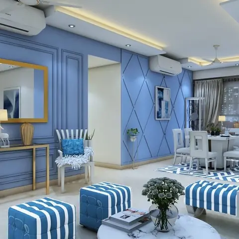 Living room with periwinkle-blue diamond-trellis wall panelling, a gold-framed mirror over a console table, and striped blue-and-white ottomans